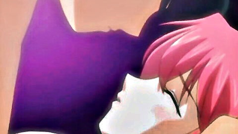 Seductive pink-haired anime sister in intimate hentai embrace, impregnation theme