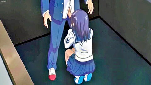 Purple-haired hentai schoolgirl in sailor uniform kneels mouth-open toward guy's unzipped pants crotch