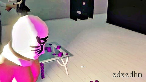 Masked anime hentai girl dancing in pink hood and white outfit, MMD style