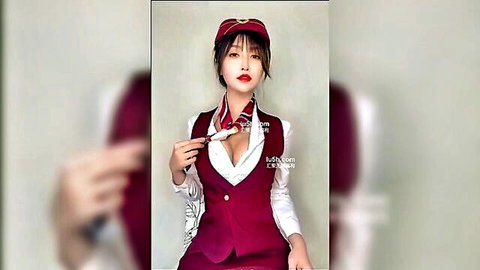Sexy Asian flight attendant in tight uniform showing deep cleavage solo tease
