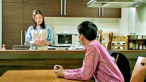 Ririko Kinoshita as cheating wife in domestic kitchen setup