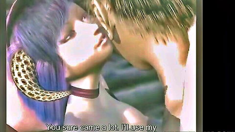 3D hentai Batgirl with purple hair and horns kissing passionately