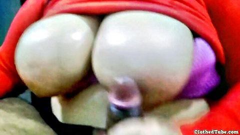 Latina big pale ass exposed in red top with pink toy insertion