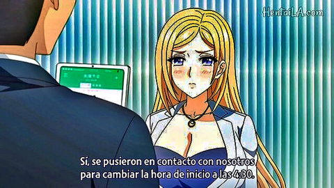 Blonde anime MILF in cleavage-baring blouse chats with suited man in office