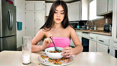 Winter Jade petite brunette eating colorful cereal in pink tube top