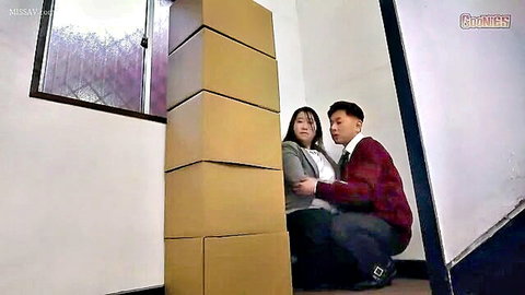 Asian office lady embraced by young man in uniform for promotion JAV