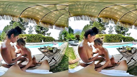 Topless ebony and petite blonde by pool in Oreo threesome