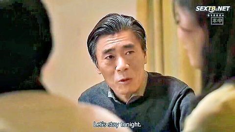 Asian middle-aged man in sweater talking intimately to woman, JAV fiance father scene