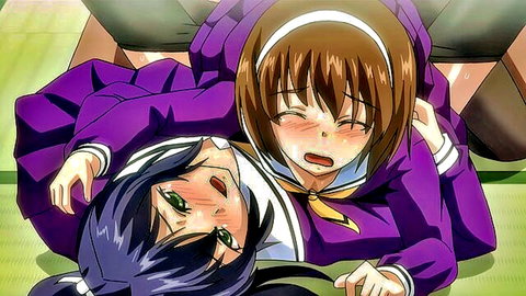 Anime yuri schoolgirls in purple uniforms embracing intimately, flushed faces