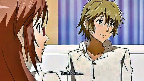 Anime redhead schoolgirl whispering to blonde boy Yuto in uniform
