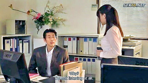 Japanese office man in suit stares at sexy Asian woman in sheer blouse and skirt