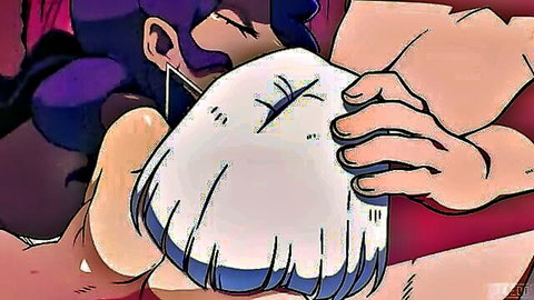 Animated purple-skinned succubus with white hair in nude seductive pose