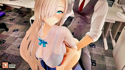 Anime Blue Archive girl groped by suited man in office, semi-sheer blouse