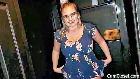 Sabrina blonde in floral dress smiling at gloryhole