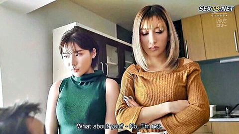 Two Asian women in casual tops, one brunette one blonde, serious talk in JAV neighbor complaint scene