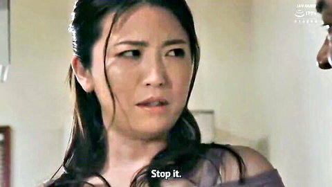 Asian wife in off-shoulder top looks reluctant, says 'Stop it' in JAV scene