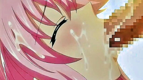 Pink-haired anime girl giving blowjob with semen on face in hentai