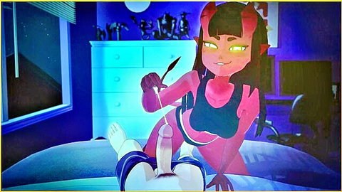 3D animated succubus girl uses magic brush to tease guy's cock in bedroom seduction