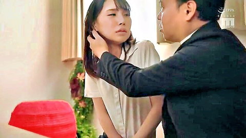 Hoshitani submissive with older man touching her neck in JAV scene