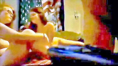 Busty blondes in threesome touching nude bodies with American flag backdrop