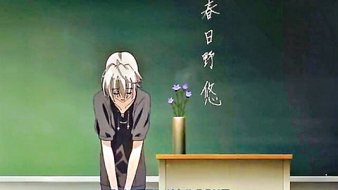 Anime silver-haired student bends over classroom desk with flowers