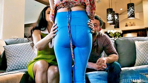 Coco Lovelock in tight blue leggings grabbed by MILF in threesome tease