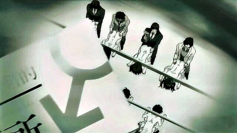Anime thumbnail of suited men surrounding female symbol in shadowy scene