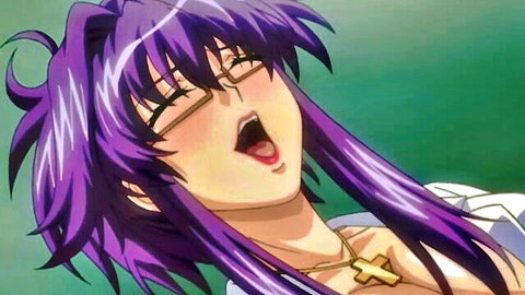 Anime busty doctor with purple hair and glasses moaning in ecstasy