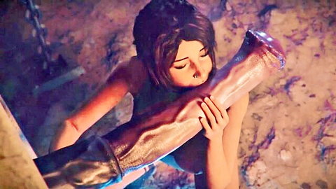 Lina Paige as 3D Lara Croft nuzzling massive animal cock in beast sex scene
