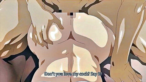 Hentai anime girl spreads big ass in teasing pose with cock dialogue