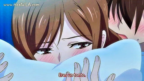 Blushing anime girl covering face with pillow in intimate hentai moment with boy