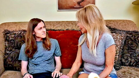 Blonde MILF Erica Lauren seduces son on couch in taboo mom-son roleplay