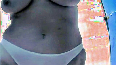Exotic amateur with huge tits in changing room, topless in white panties