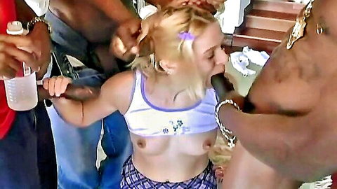 Blonde teen Noname Jane exposed in gangbang with black men, oral action