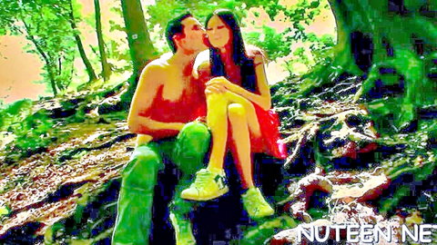 Asian beauty in red dress kisses shirtless hunk in forest before jizz on tits climax