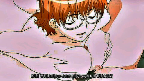 Red-haired anime girl Chinatsu-san gives titfuck with big breasts