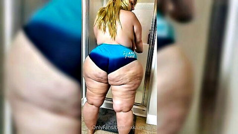 Blonde BBW PAWG solo in blue panties, thick ass and thighs mirror view