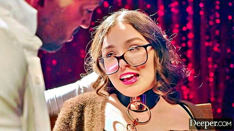 Leana Lovings as horny teen in glasses and collar, teasing with partner