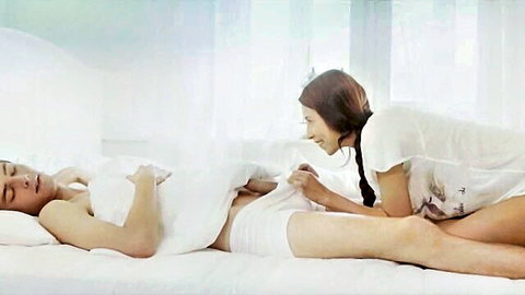 Paula Shy brunette leaning over sleeping man in intimate bed scene