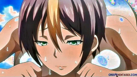 Busty anime hentai girl flushed and wet during hard beach fuck