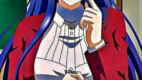 Purple-haired hentai schoolgirl in tight red blazer and white shirt adjusting collar in classroom