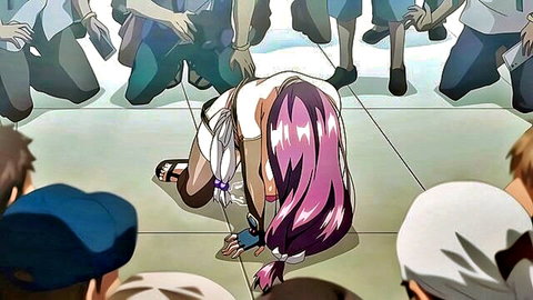 Pink-haired hentai schoolgirl kneeling surrounded by horny schoolboys in teasing circle