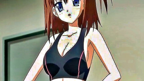 Busty anime girl with brown hair in black sports bra, surprised face from JK to Inkou Kyoushi 4