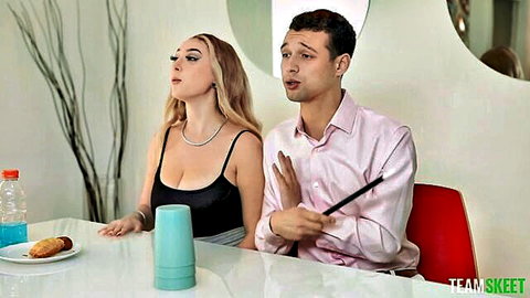 Skylar Vox in stepsister seduction scene, blonde bombshell with massive tits teasing in black top