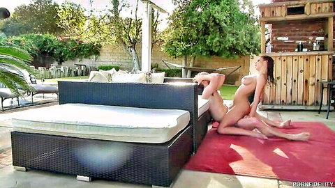 Brooklyn Chase Latina MILF nude outdoor sex with boyfriend on patio