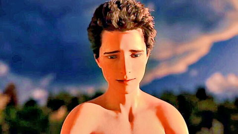 Young curly-haired man shirtless in dramatic sunset pose, thoughtful expression